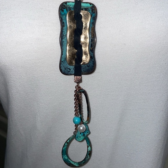 Artisan Patina Copper & Turquoise Bracelet & Necklace Set Mixed Metal Leather - Picture 4 of 12